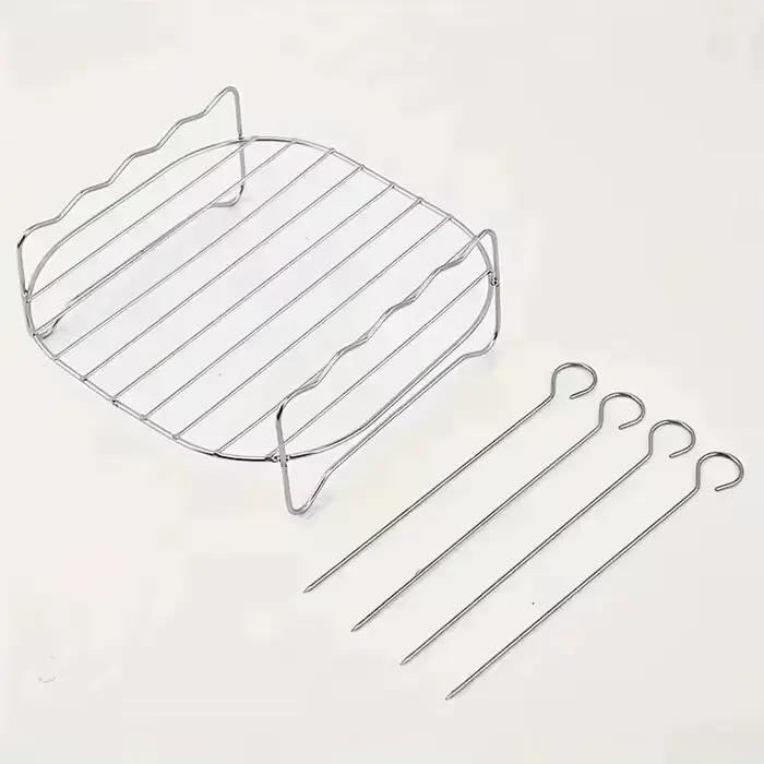 Gril carré pour friteuse à air 20cm/7,87 pouces, en acier inoxydable, avec 4 brochettes de barbecue,