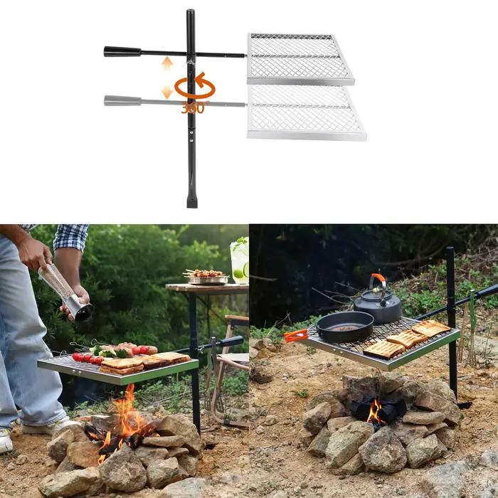 Grille de feu de camp pliante et Portable robuste, support de barbecue pivotant pour Camping en plei