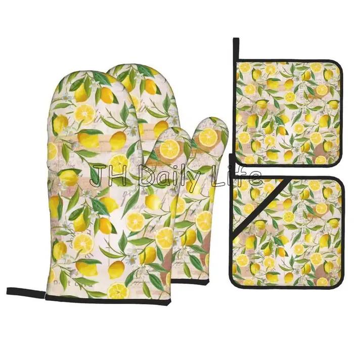 Mitaines de four et poêles au citron jaune, lot de 4 gants résistants à la chaleur pour la cuisine, 