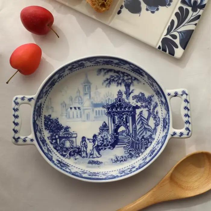 Casserole en porcelaine bleue et blanche, poêle à double poignée, ustensiles de cuisine en céramique Vintage pour ustensiles de cuisine, marmite de cuisson traditionnelle