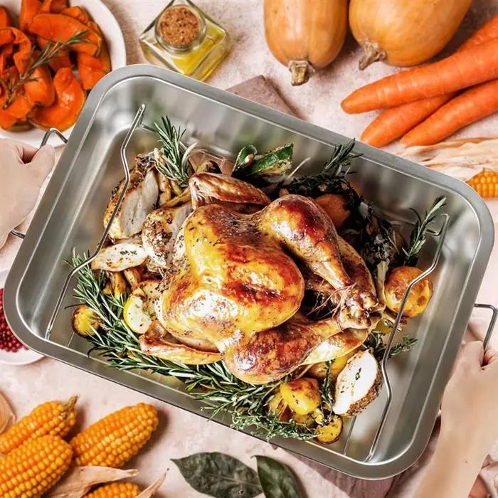 Pour poêle à rôtir de poulet en acier inoxydable-marre de cuisson de dinde robuste avec support et poignée-pour four