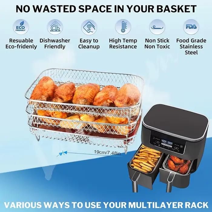 Support de friteuse à air empilable à 3 couches pour Ninja et autres marques populaires pour une cuisson au four多样化厨房配件空气油炸锅叠层烤架三层适用于双篮 Ninja及其他品牌适合烘烤场合