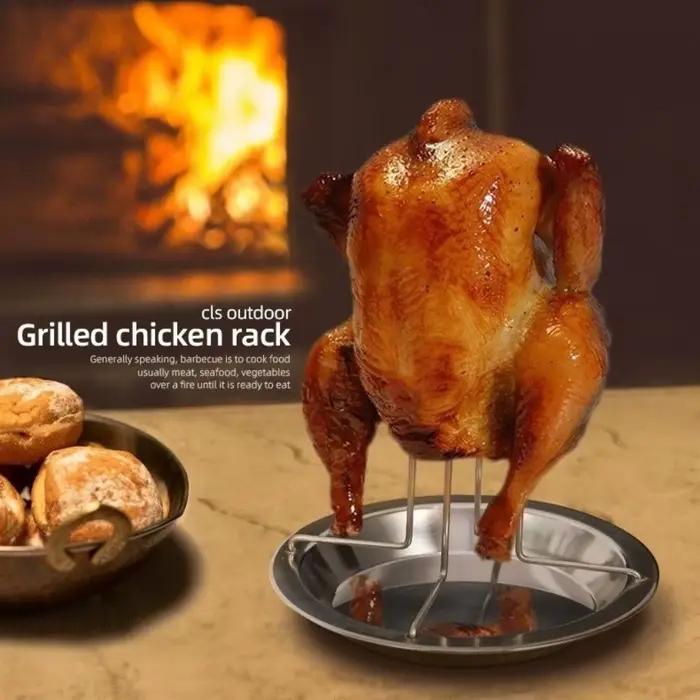Support de gril à rôtir en acier inoxydable avec bol de récupération, antiadhésif, pour poulet, barbecue, plein air, cuisson saine et uniforme