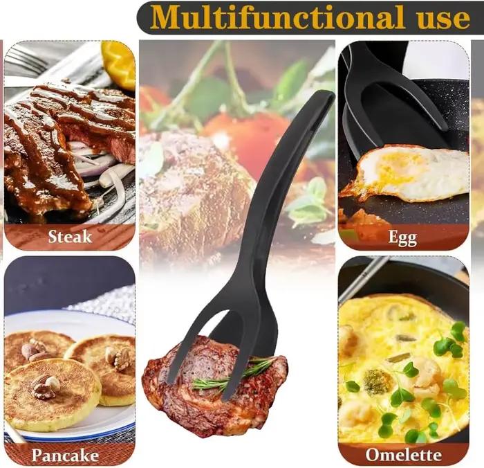 Spatule multifonctionnelle en Nylon 2 en 1 poignée Flip pinces oeuf Flipper spatule revêtement antiadhésif crêpes poisson française toast omelette faisant outil gris clair ivoire vert armée