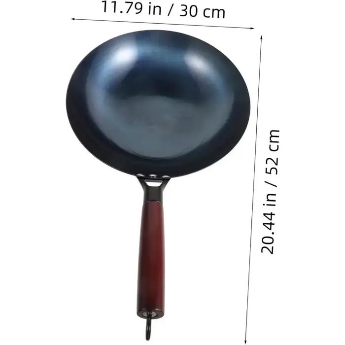 Wok en fer Pot en fer poêle domestique traditionnelle forgée à la main sans revêtement manche en bois Pot sans fer de style ancien (30 cm)