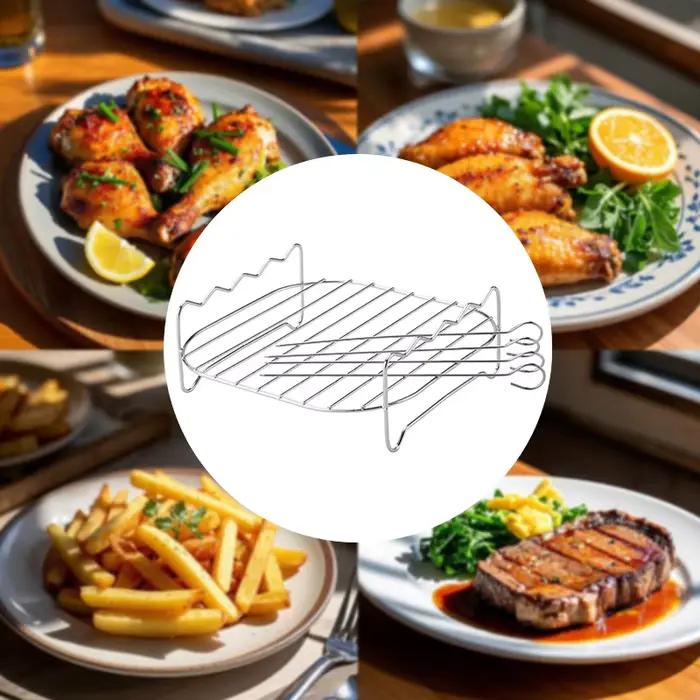 Support de gril pour friteuse à air avec quatre brochettes et grille de cuisson en acier au carbone pour barbecue familial camping et cuisine quotidienne