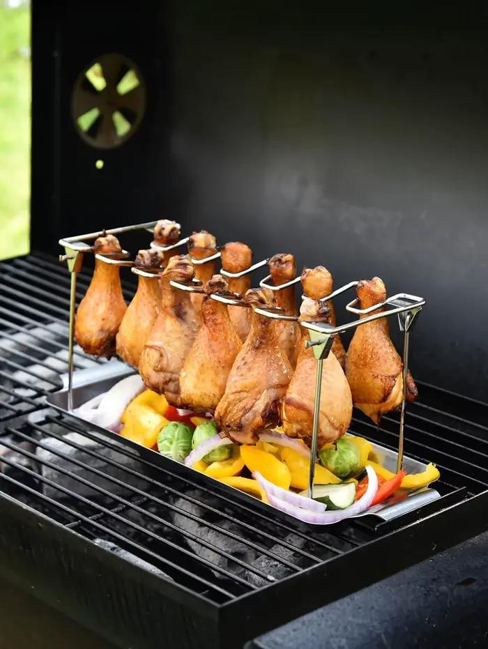 Support de jambe de poulet pour gril avec plateau d'égouttage en acier inoxydable pour fumeurs et barbecues familiaux occasions spéciales