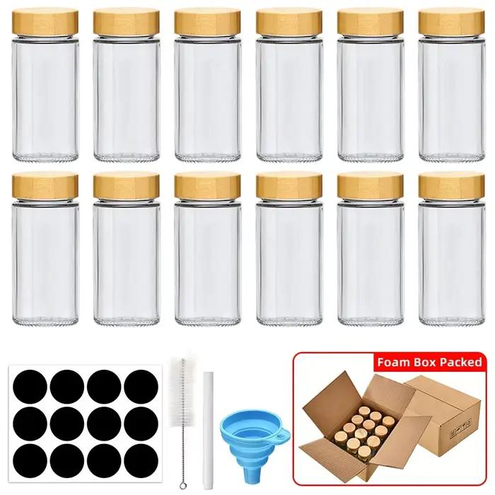 Pots à épices en verre avec légumes en bambou, avec autocollants minimalistes, entonnoir pliable, en