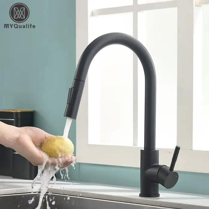 Robinet de cuisine noir à deux fonctions, mélangeur extractible à poignée unique, robinets d'eau cha