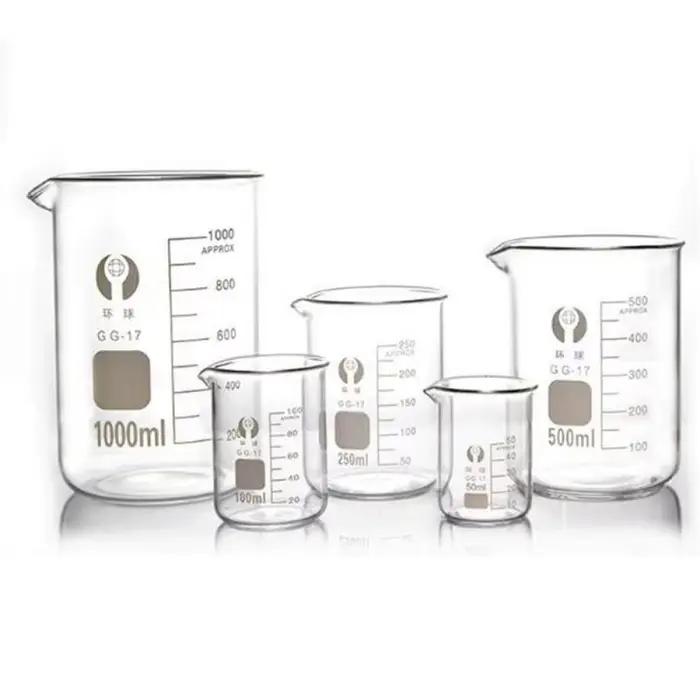 Nouveau 5 ml, 10 ml, 25 ml, 50 ml, 100 ml, 150 ml, 200 ml, 250 ml, 1000 ml bécher en verre Pyrex Bor