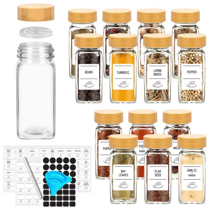 Pots à épices en verre avec légumes en bambou, avec autocollants minimalistes, entonnoir pliable, en
