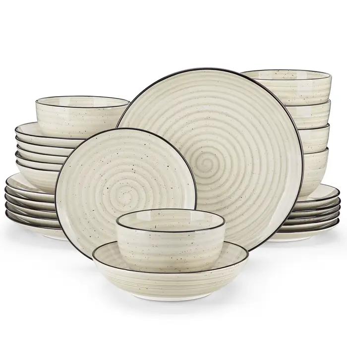 vancasso -Ensemble de vaisselle en céramique, ensemble d'assiettes beiges, spirale peinte à la main,