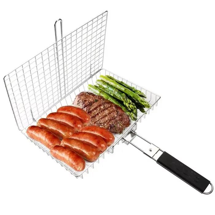 Accessoires de barbecue : Panier de cuisson pliable multifonctionnel antiadhésif en acier au carbone