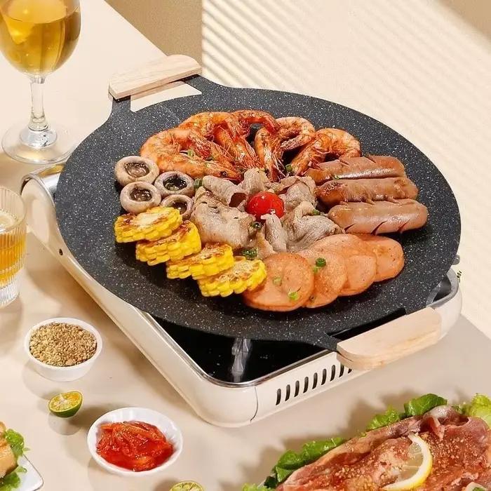 Poêle à griller ronde coréenne antiadhésive en alliage d'aluminium pour camping et cuisine polyvalente occassions spéciales