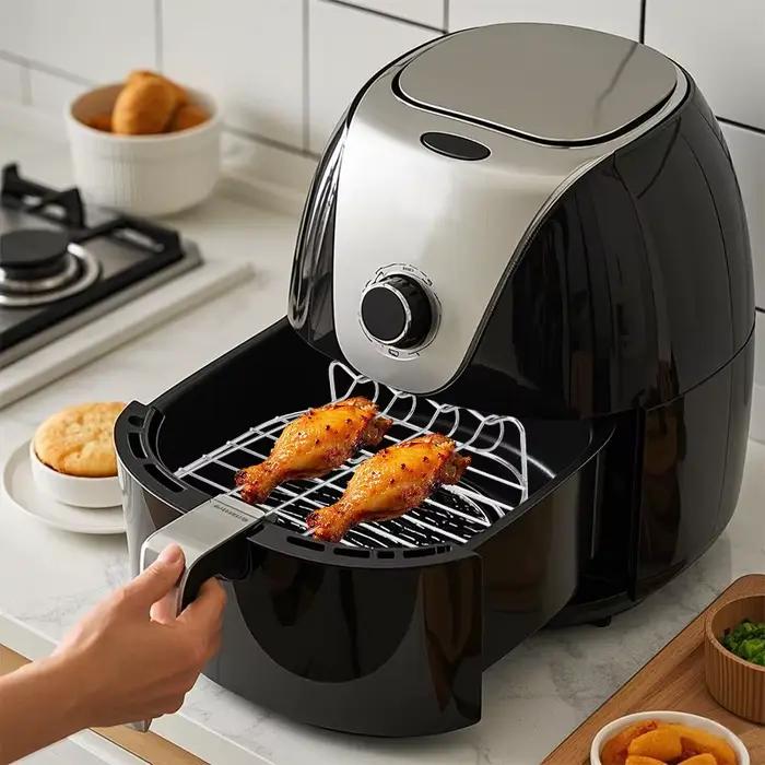 Support de gril pour friteuse à air avec quatre brochettes et grille de cuisson en acier au carbone pour barbecue familial camping et cuisine quotidienne
