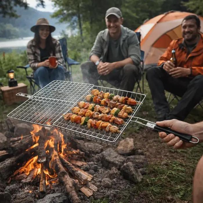 Accessoires de barbecue : Panier de cuisson pliable multifonctionnel antiadhésif en acier au carbone