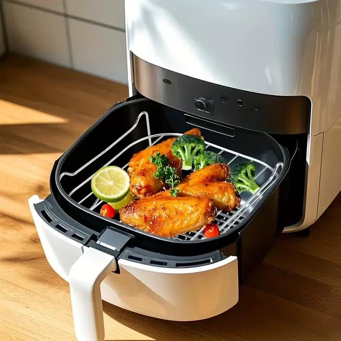 Support pour friteuse à air avec 4 brochettes et ensemble de grille pour cuisson et grillade dans les petits fours convivial et durable en acier inoxydable