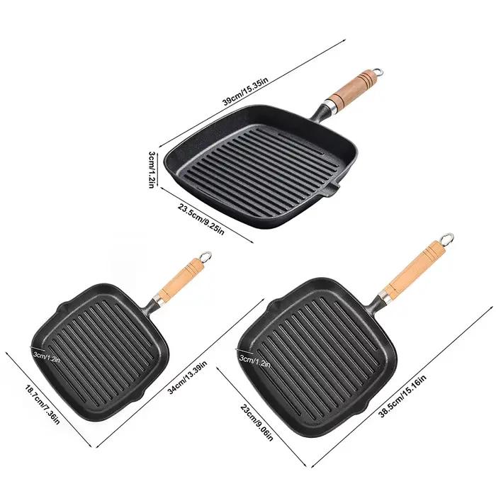 Poêle à gril carrée antiadhésive en fonte avec bec anti-goutte avec manche en bois pour griller intérieur et extérieur