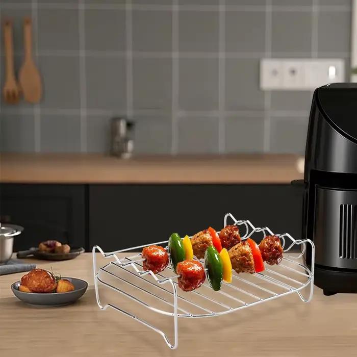 Support de gril pour friteuse à air avec quatre brochettes et grille de cuisson en acier au carbone pour barbecue familial camping et cuisine quotidienne