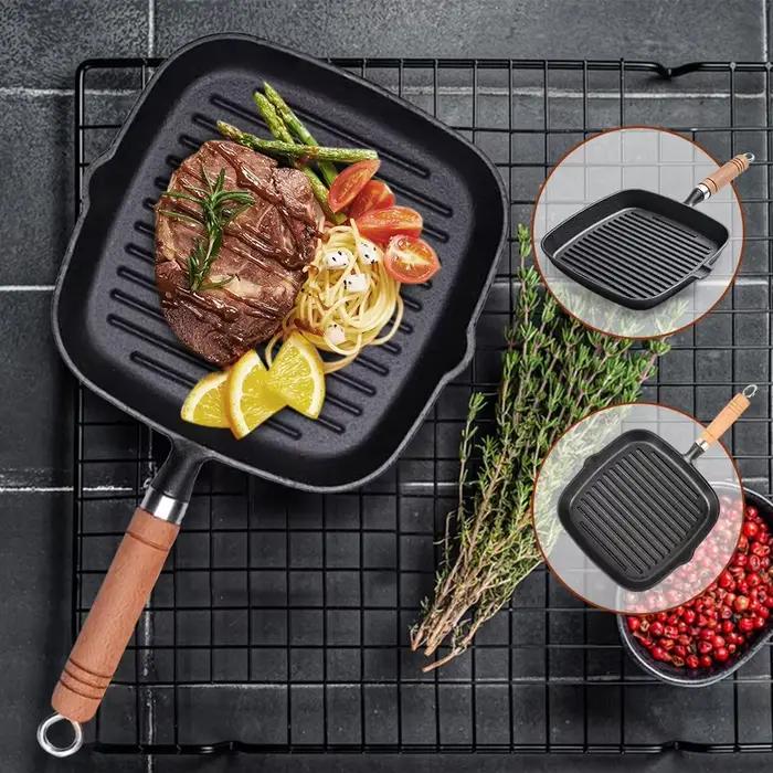 Poêle à gril carrée antiadhésive en fonte avec bec anti-goutte avec manche en bois pour griller intérieur et extérieur