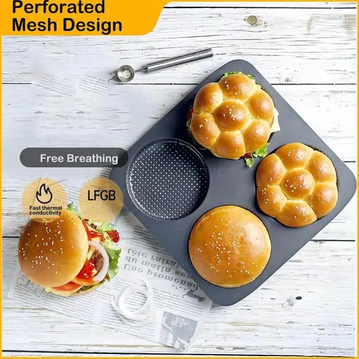 Moule à hamburger antiadhésif en acier au carbone grande plaque de cuisson 4 tasses pour petits pains faits maison occasions familiales et amicales