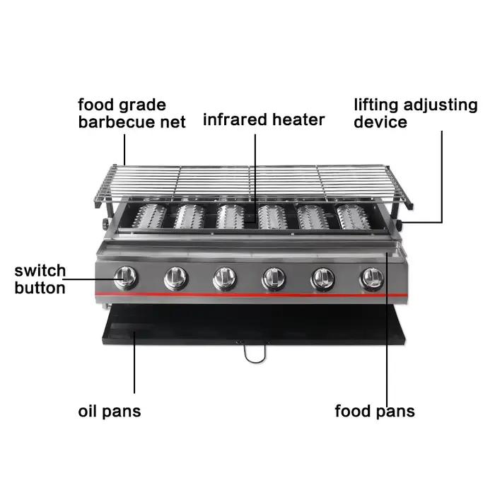 Grill de Barbecue au gaz à 6 brûleurs en acier inoxydable