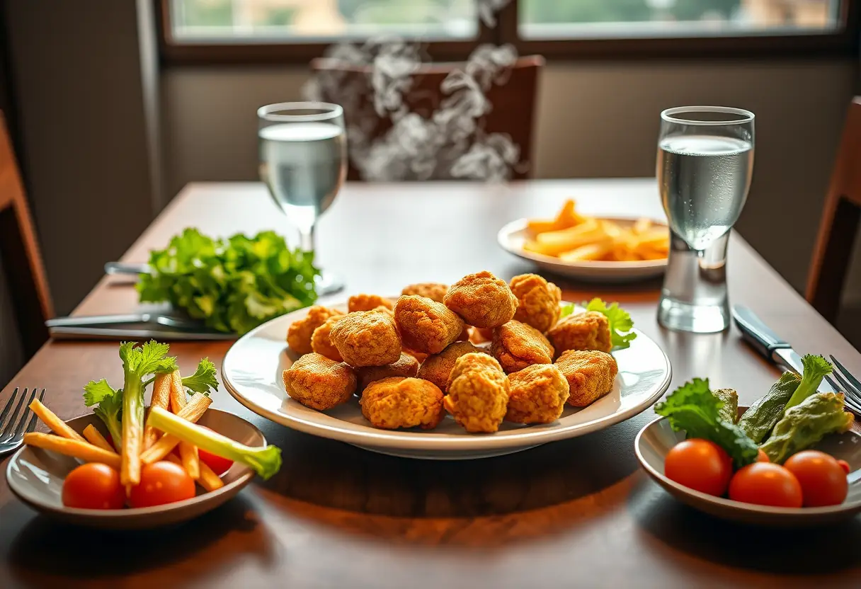 Un plat de nuggets croustillantes sur une table dressée pour deux personnes