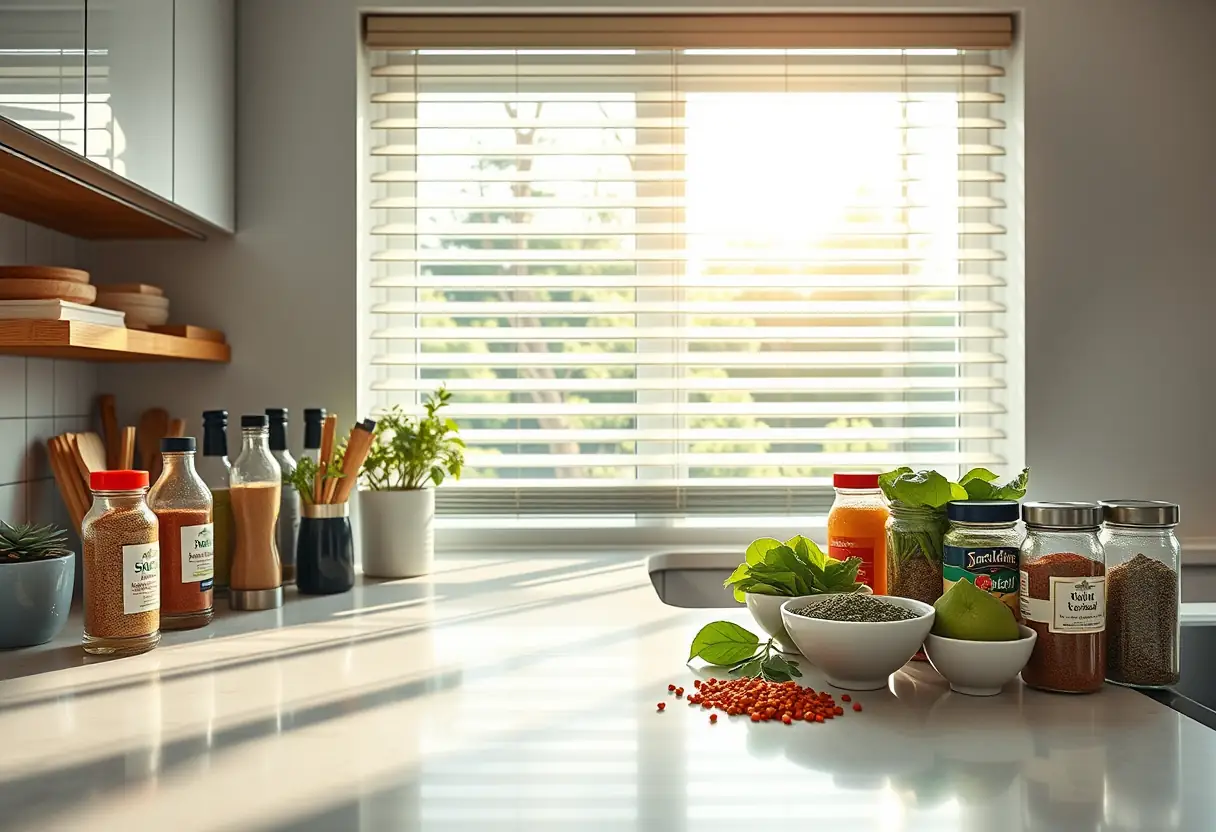 Un plan de travail de cuisine moderne avec des épices et herbes bien rangées