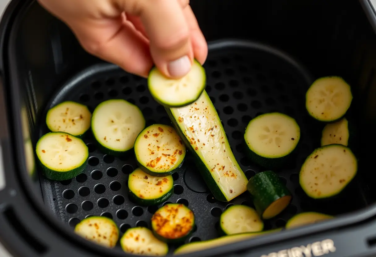 Une main posant des courgettes dans une air fryer