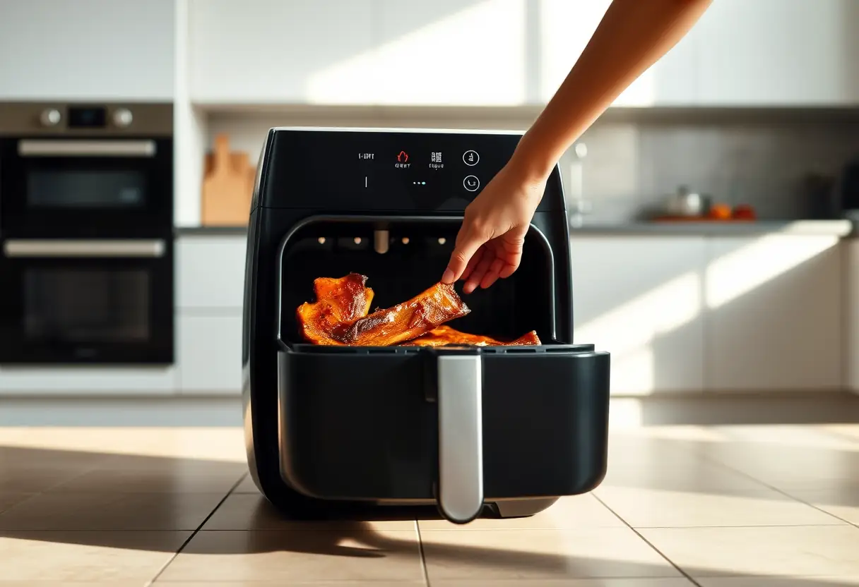 Main qui retourne les côtes de porc dans l'air fryer