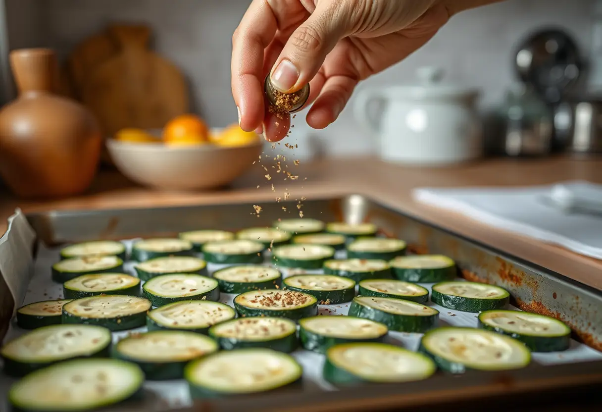 Mains qui saupoudrent des épices sur des tranches de courge avant cuisson