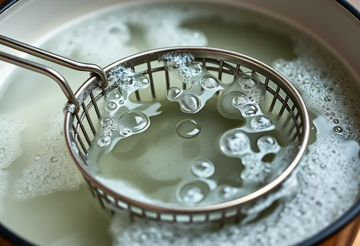 Un panier à frire métallique plongé dans un pot en émail avec de l'eau savonneuse