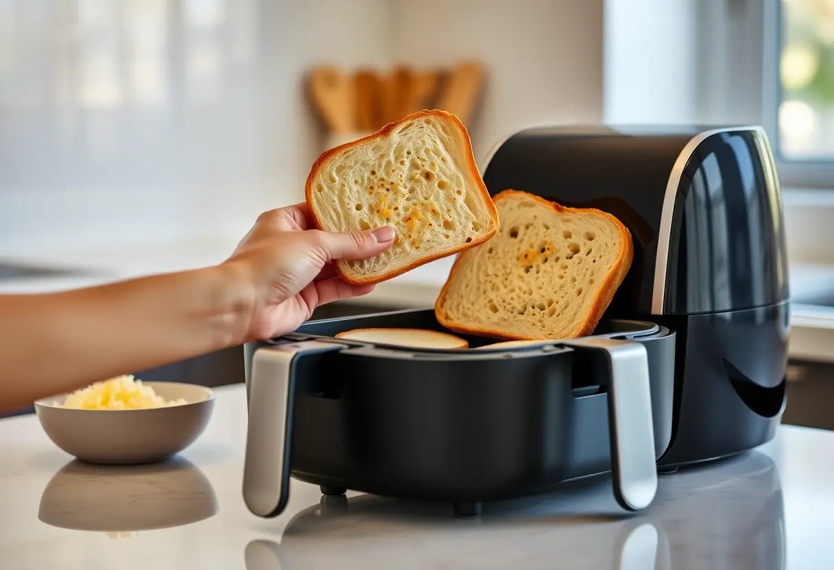 Une main place des tranches de pain dans un air fryer avec un bol de fromage râpé près de lui