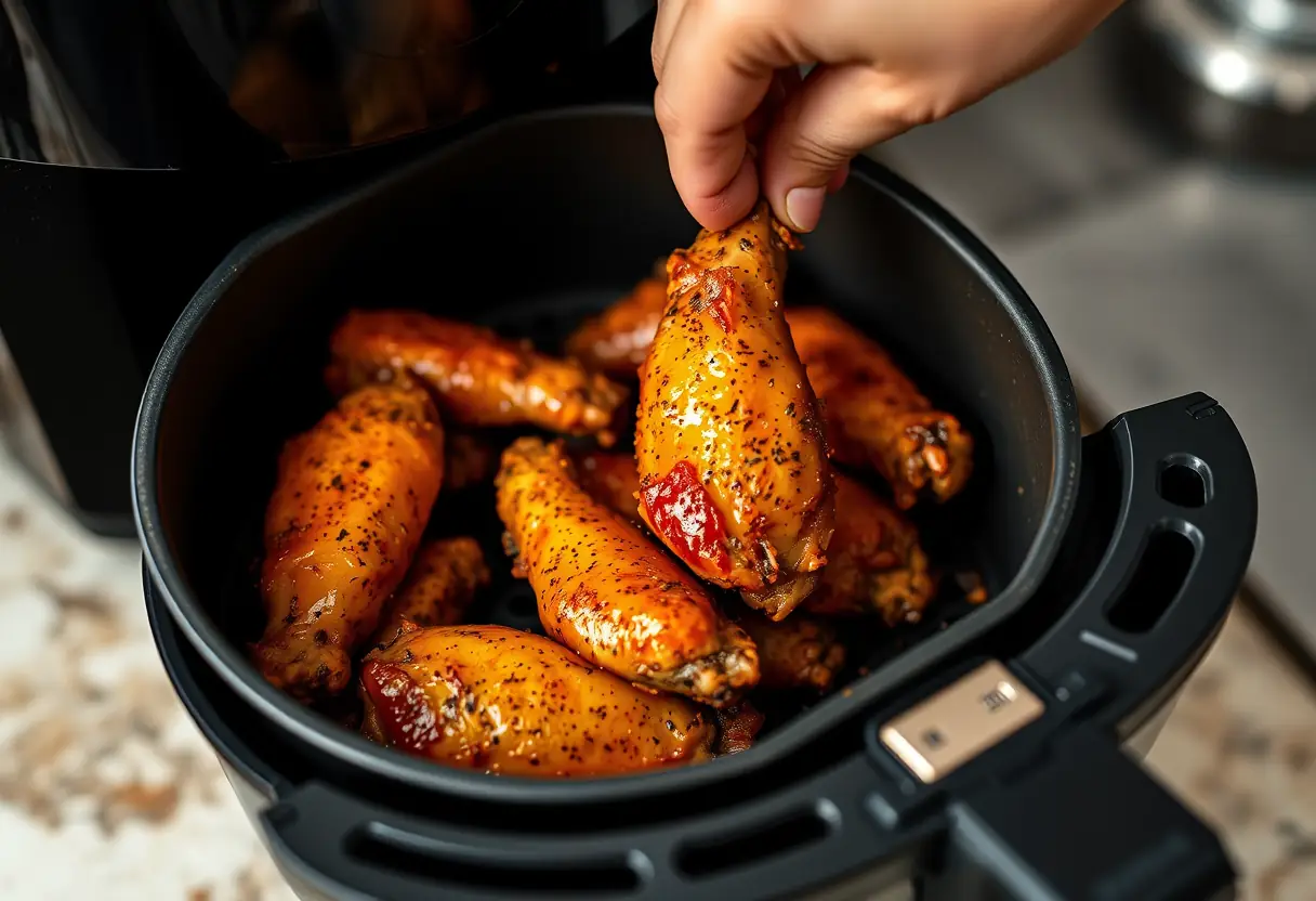 Des ailes de poulet marinées placées dans un air frire