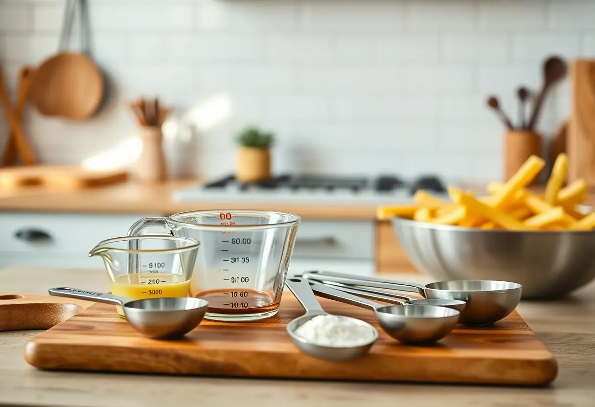 Règle de cuisine avec ustensiles de mesure, préparation précise des ingrédients pour des frites maison