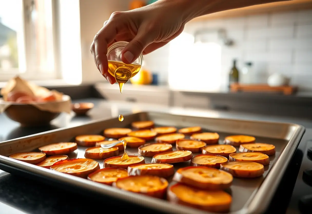 Une main verse de l'huile d'olive sur des tranches de patate douce préparées pour la cuisson à l'air frit