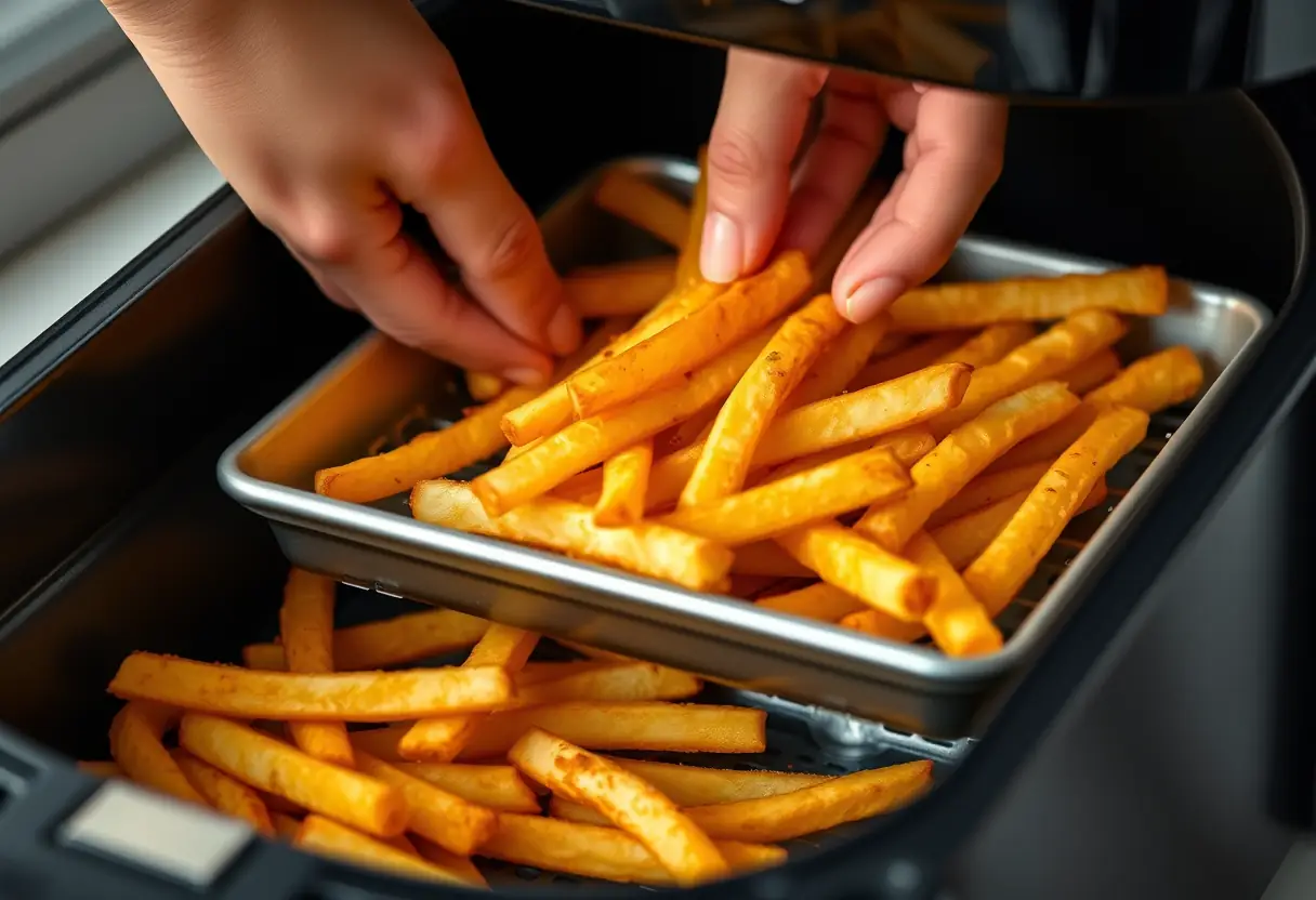 Main retirant une assiette de frites dorées de la friteuse