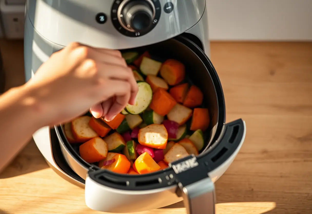Main posant des légumes tranchés dans une friteuse à air, lumière douce, ombres subtiles
