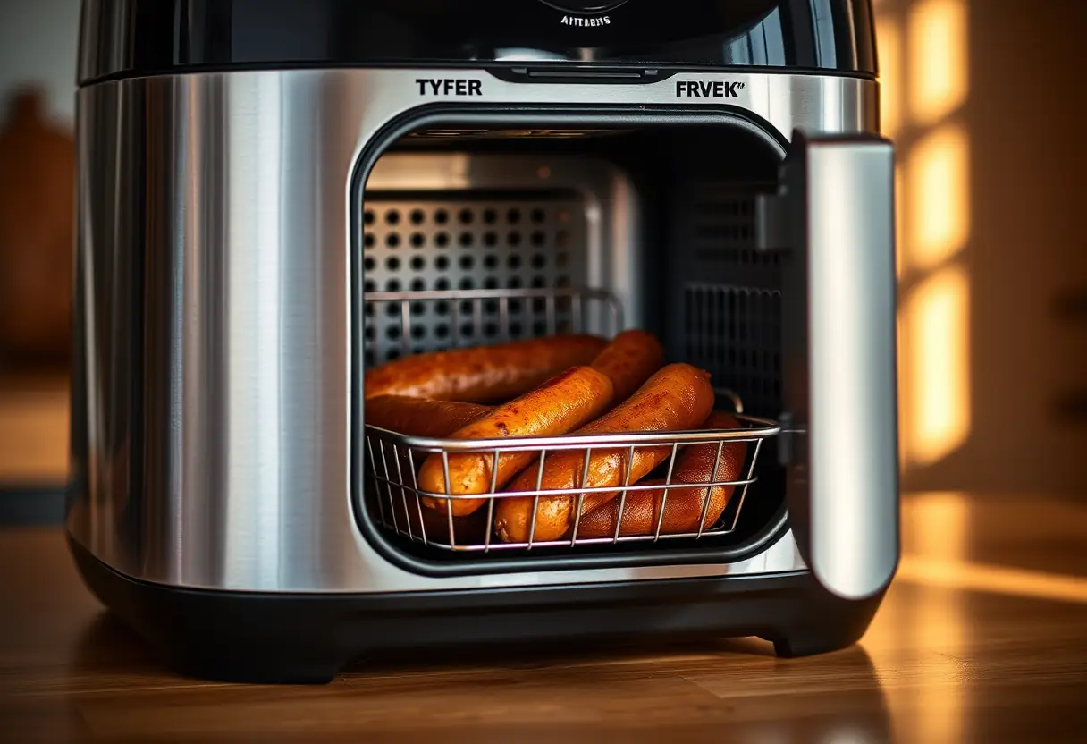 Air friteur métallique ouvert montrant des merguez dans le panier