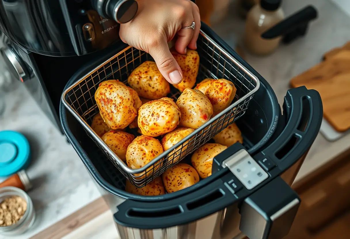 Une main déposant un panier métallique avec du poulet assaisonné dans un air fryer