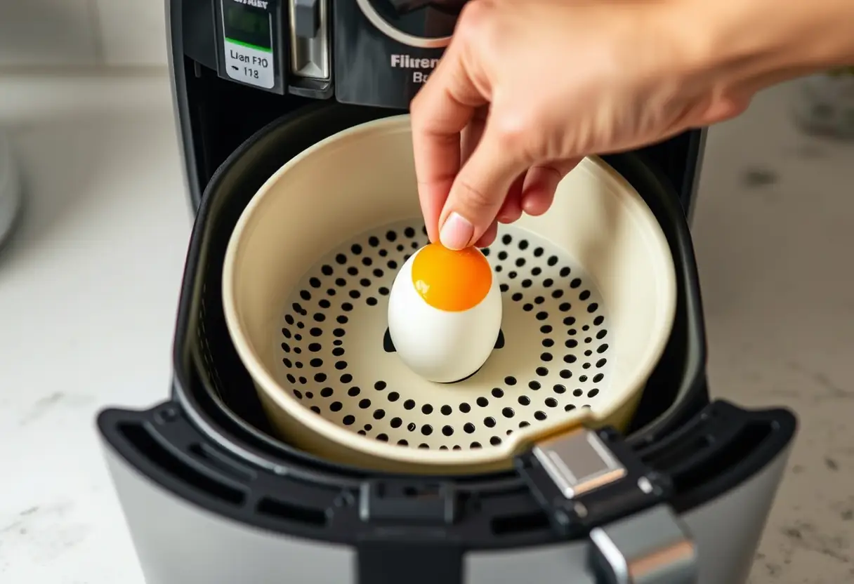 Une main mettant délicatement un œuf dans un panier spécial d'une friteuse à air, dans une cuisine sobre