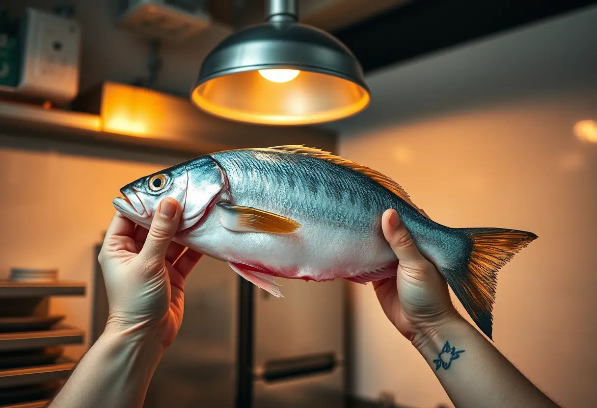 Un poisson est inspecté minutieusement dans une cuisine bien éclairée
