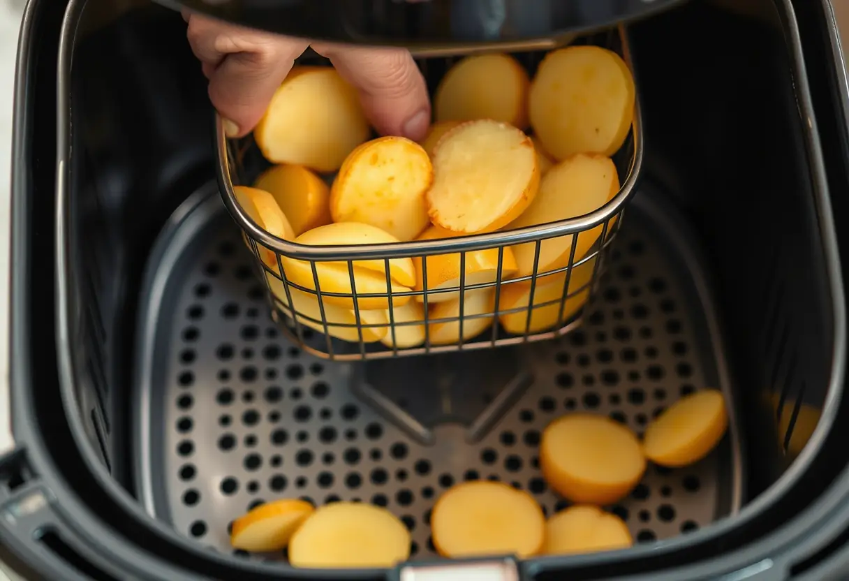 Une main posant des tranches de pommes de terre grenaille dans une friteuse à air froid