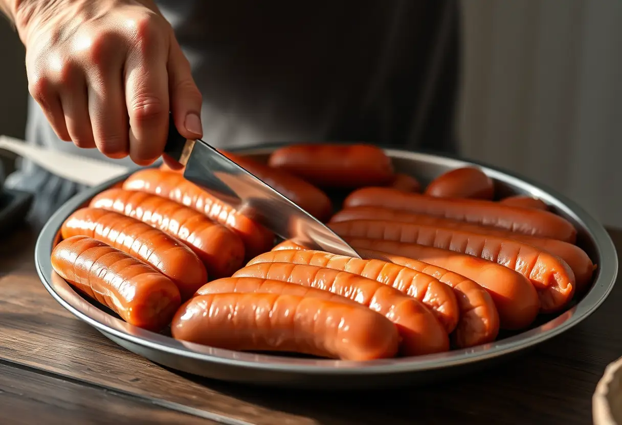 Main de cuisinier tranchant délicatement des saucisses, texte alternatif en français
