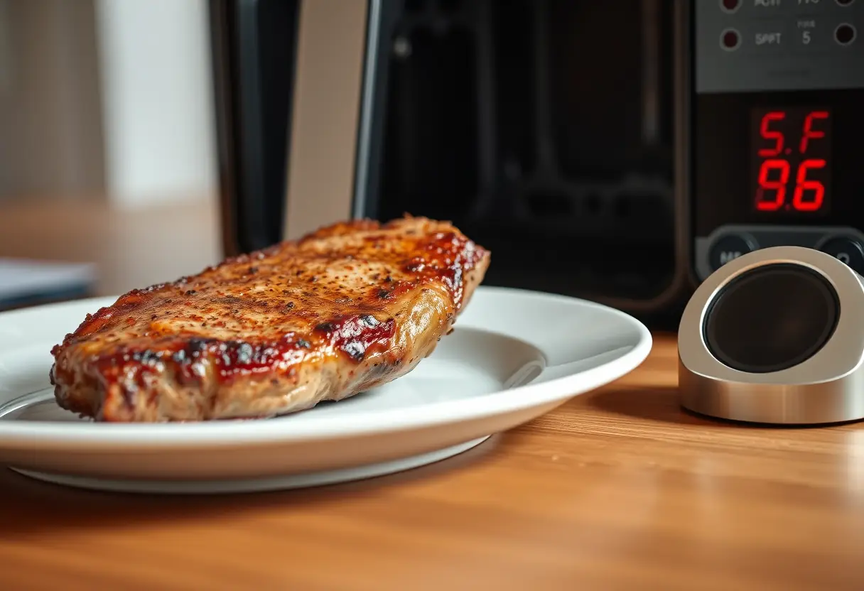 Tendre de bœuf cuit émergent d'un air fryer sur une assiette blanche