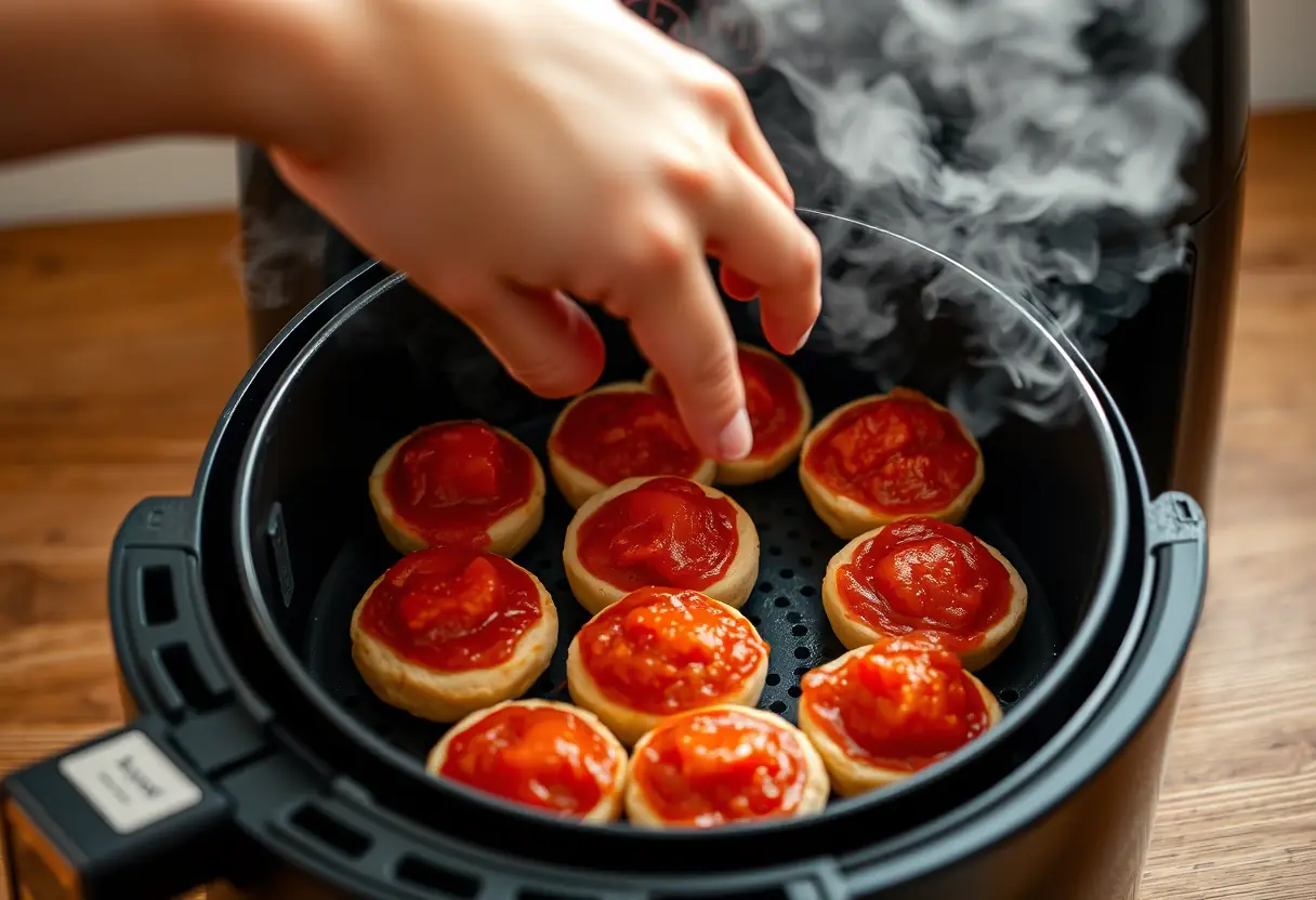 Une main mettant une plaque de tomates farcies dans une friteuse sans huile